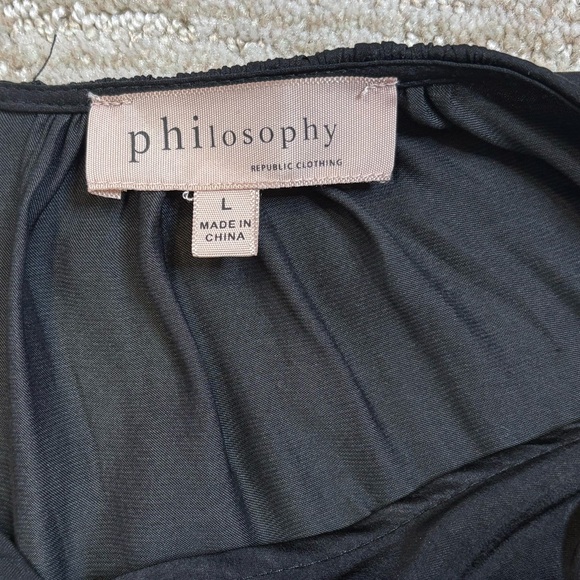 Philosophy Satin Pleated Smocked Blouse Size Large Black Long Balloon Sleeve Top - Picture 2 of 11